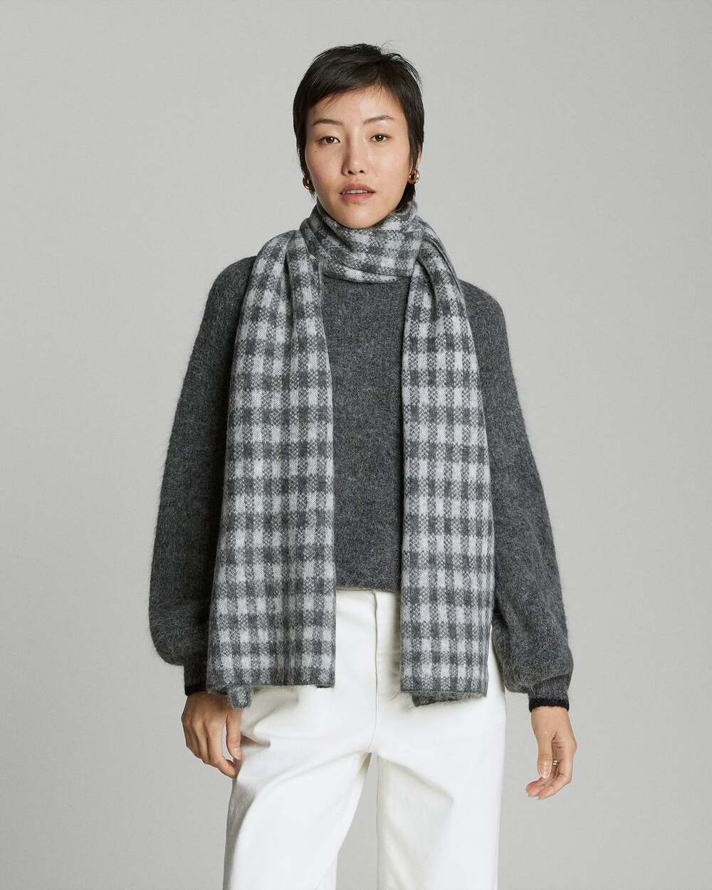 NWT Everlane Unisex The Alpaca Patterned Scarf Gray Buffalo Check One Size